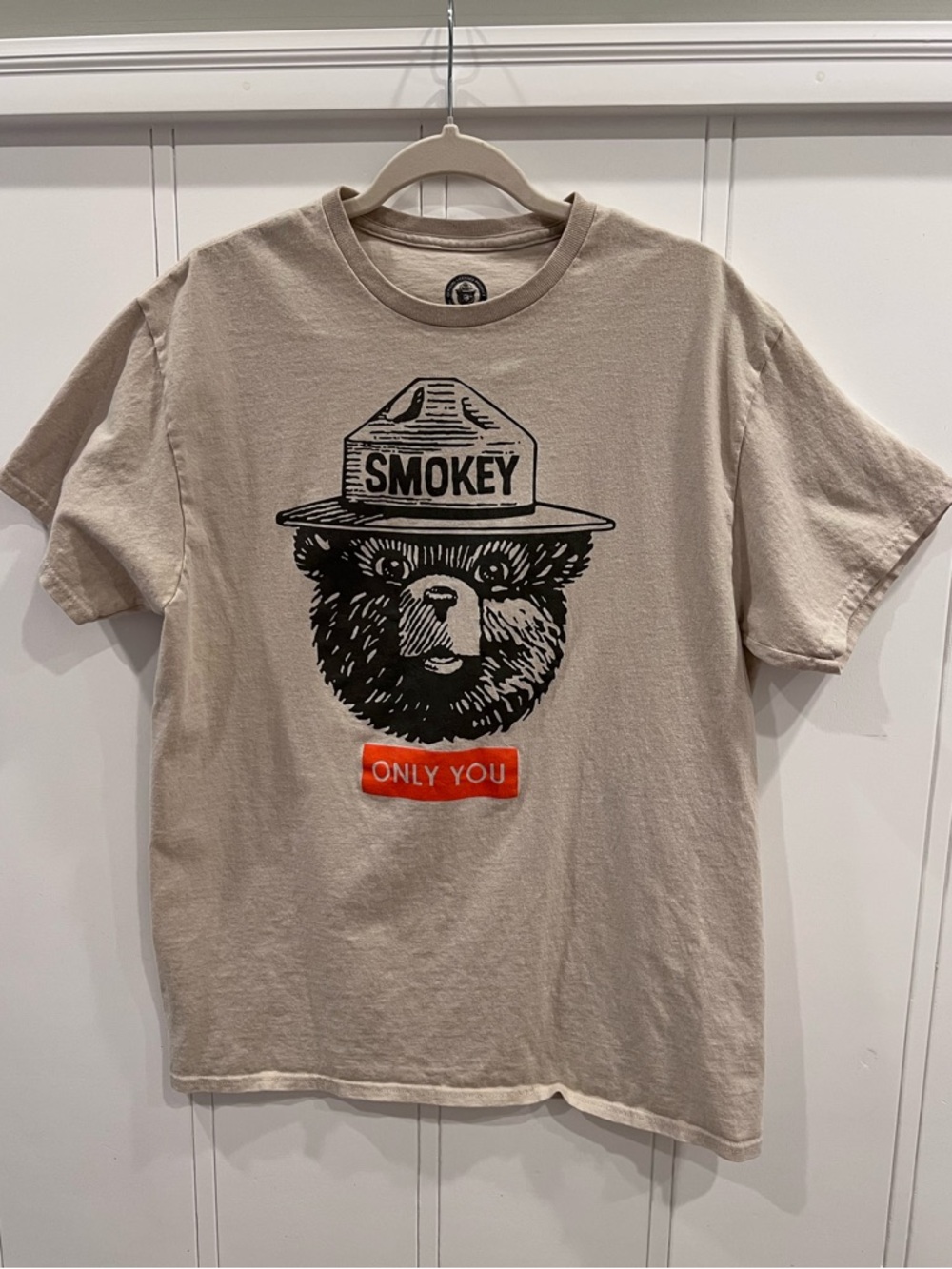 LG Beige Smokey Bear Graphic Tee with Orange Accent